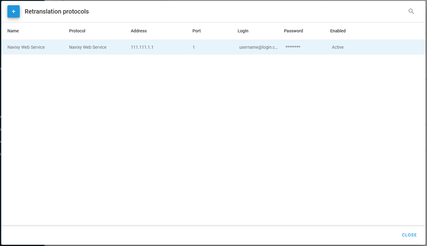 The Retranslation protocols dialog listing one configuration with its name, protocol, address, port, login, and Active status