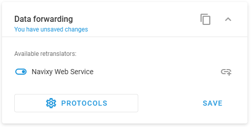 The Data forwarding block listing one available retranslator with its toggle switched on, above the Protocols and Save buttons